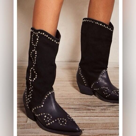 Free People Jackson Studded Western Boot Black Leather EU 40 US 10 - Picture 1 of 11